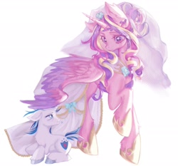 Size: 2048x1910 | Tagged: safe, artist:denpakyun, princess cadance, shining armor, alicorn, pony, unicorn, g4, braid, clothes, colored wings, colored wingtips, dress, duo, female, hoof shoes, horn, jewelry, lying down, male, mare, meme, prone, regalia, ship:shiningcadance, shipping, simple background, size difference, stallion, straight, the bride and the ugly ass groom, veil, wedding dress, wedding veil, white background, wings