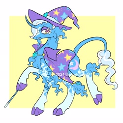 Size: 2048x2048 | Tagged: safe, artist:thiscatdraws, trixie, pony, unicorn, g4, abstract background, cape, clothes, cloven hooves, facial hair, goatee, hat, horn, leonine tail, solo, tail, trixie's cape, trixie's hat, unshorn fetlocks, wand