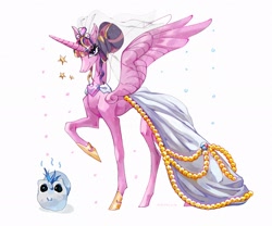 Size: 2046x1706 | Tagged: safe, artist:ramra, princess cadance, shining armor, alicorn, pony, g4, clothes, concave belly, dress, duo, female, height difference, mare, meme, one wing out, slender, tall, the bride and the ugly ass groom, thin, wings