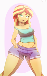 Size: 2584x4181 | Tagged: safe, artist:azuretto, sunset shimmer, human, equestria girls, g4, clothes, female, hand on hip, midriff, shorts, solo, tank top, wide hips