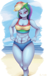 Size: 2584x4181 | Tagged: safe, artist:azuretto, rainbow dash, human, equestria girls, g4, abs, beach, clothes, female, lidded eyes, ocean, solo, swimsuit, tomboy, two-piece swimsuit, water