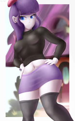 Size: 2584x4181 | Tagged: safe, artist:azuretto, rarity, human, equestria girls, g4, beatnik rarity, beret, clothes, equestria girls-ified, female, hand on hip, hat, midriff, skirt, socks, solo, sweater, thigh highs, turtleneck