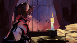 Size: 2560x1440 | Tagged: safe, artist:krapinkaius, oc, oc only, oc:gjurza, earth pony, pony, black sclera, candle, candlestick, clothes, curtains, fire, jacket, leather, leather jacket, paper, sunset, table, window