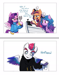 Size: 2047x2632 | Tagged: safe, artist:fanzeem, izzy moonbow, pipp petals, sunny starscout, zipp storm, earth pony, pegasus, pony, undead, unicorn, vampire, g5, chest fluff, clothes, coat, crossover, fangs, female, glasses, graveyard shift, hat, horn, krusty krab, light switch, mane stripe sunny, mare, markings, nosferatu, parody, reference, royal sisters (g5), shirt, siblings, simple background, sisters, spatula, spongebob reference, spongebob squarepants, sweater, t-shirt, unshorn fetlocks, white background