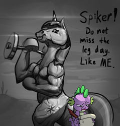 Size: 2658x2781 | Tagged: safe, artist:ciborgen, spike, twilight sparkle, dragon, pony, unicorn, semi-anthro, g4, butt, duo, duo male and female, female, hey spike, hoers, horn, male, mare, muscles, muscular female, plot, quill, scroll, talking, twilight muscle, unicorn twilight, writing
