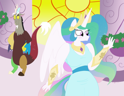 Size: 2160x1680 | Tagged: safe, artist:necrofeline, discord, princess celestia, alicorn, draconequus, pony, anthro, series:hallway butts, g4, blushing, bracelet, bush, canterlot, canterlot castle, clothes, commission, commissioner:geonineplus, concave belly, dress, duo, duo male and female, female, flower, hallway, horn, jewelry, male, male and female, peytral, pillar, sequence, ship:dislestia, shipping, slender, spread wings, stained glass, straight, thin, this will end in expansion, tiara, wings