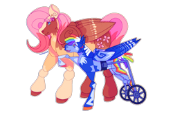 Size: 1728x1154 | Tagged: safe, artist:peachpaws0, fluttershy, rainbow dash, pegasus, g4, duo, female, height difference, lavender sunrise au, lesbian, matching jewelry, ship:flutterdash, shipping, short tail, tail, tallershy, wheelchair