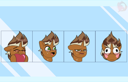 Size: 3600x2324 | Tagged: safe, artist:joaothejohn, oc, oc:macchiato, pony, unicorn, blushing, bruh, commission, cute, emoji, emotes, expressions, glasses, heart, horn, lidded eyes, male, multicolored hair, open mouth, poggers, shy, smiling, solo, unicorn oc, ych result