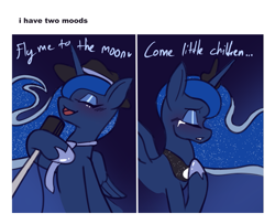 Size: 1151x934 | Tagged: safe, artist:chiefywiffy, princess luna, alicorn, pony, children of the night, g4, duality, eyes closed, fedora, female, fly me to the moon, frank sinatra, hat, horn, microphone, singing, solo, teary eyes, wings