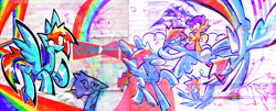 Size: 1480x599 | Tagged: safe, artist:yl0w, rainbow dash, scootaloo, pegasus, pony, g4, eye clipping through hair, open mouth, open smile, smiling, spread wings, wings