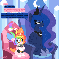 Size: 2401x2370 | Tagged: safe, artist:ladylullabystar, princess luna, oc, oc:lady lullaby star, alicorn, pony, unicorn, g4, dialogue, eyebrows, eyebrows visible through hair, female, glasses, horn, mare, plushie, sitting, throne, wall-e