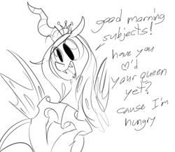 Size: 452x391 | Tagged: safe, artist:dotkwa, queen chrysalis, changeling, changeling queen, g4, 2014, black and white, dialogue, fangs, female, good morning, grayscale, monochrome, open mouth, open smile, simple background, smiling, solo, talking to viewer, white background, wings