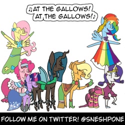Size: 1000x1000 | Tagged: safe, artist:sneshpone, applejack, fluttershy, pinkie pie, queen chrysalis, rainbow dash, rarity, twilight sparkle, g4, at the gala, ball and chain, clothes, dress, gala dress, mane six, simple background, this will end in death, white background, wordplay