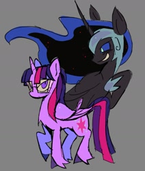 Size: 1299x1535 | Tagged: safe, artist:ponykip, nightmare moon, twilight sparkle, alicorn, pony, g4, armor, black coat, blue eyes, blue mane, blue sclera, blushing, chest fluff, colored hooves, colored sclera, duo, duo female, ethereal mane, eye clipping through hair, female, fetlock tuft, folded wings, frown, glasses, gray background, height difference, helmet, hoof on chest, hoof shoes, horn, lidded eyes, long horn, looking at someone, mare, multicolored mane, multicolored tail, narrowed eyes, princess shoes, purple coat, purple eyes, raised hoof, simple background, smiling, standing, starry mane, tail, unicorn horn, wings