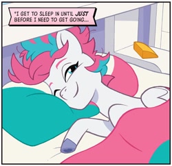Size: 776x750 | Tagged: safe, artist:jack lawrence, idw, zipp storm, pegasus, pony, g5, my little pony: mane event, spoiler:comic, spoiler:g5comic, adorazipp, bed, bed hair, bedroom, cute, female, mare, messy mane, morning ponies, pillow, solo, unshorn fetlocks, waking up