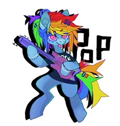 Size: 1024x1080 | Tagged: safe, artist:cutesykill, rainbow dash, pegasus, pony, semi-anthro, g4, alternate hairstyle, big ears, big eyes, blue coat, blue sclera, bracelet, clothes, colored eyelashes, colored pinnae, colored sclera, electric guitar, eyebrows, eyebrows visible through hair, eyeshadow, female, guitar, hair accessory, hairclip, hoof hold, jewelry, lidded eyes, makeup, mare, messy mane, messy tail, multicolored hair, multicolored mane, multicolored tail, musical instrument, necklace, ponytail, rainbow hair, rainbow tail, shadow, shirt, simple background, slit pupils, smiling, solo, standing, t-shirt, tail, tail accessory, teeth, text, thick eyelashes, tied mane, tongue out, white background, wingless