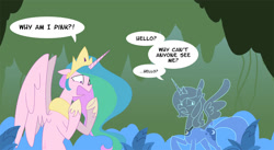 Size: 1447x792 | Tagged: dead source, safe, artist:egophiliac, princess celestia, princess luna, alicorn, pony, g4, artifact, dialogue, everfree forest, female, forest, invisible, mare, nature, parody, pinklestia, poison joke, poison joke field, royal sisters, siblings, sisters, toy, tree