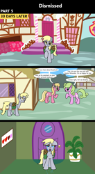 Size: 1920x3516 | Tagged: safe, artist:platinumdrop, daisy, derpy hooves, flower wishes, lily, lily valley, earth pony, pegasus, pony, comic:dismissed, g4, 3 panel comic, alternate timeline, background pony, bag, comic, commission, crying, despair, dialogue, door, ears back, female, floppy ears, folded wings, food, frown, gossip, hallway, heartbreak, home, house, implied doctor whooves, implied roseluck, indoors, looking at each other, looking at someone, looking at you, mare, muffin, open mouth, photo, picture frame, plant, ponyville, potted plant, sad, saddle bag, sorrow, speech bubble, sugarcube corner, talking, tears of sadness, teary eyes, this will not end well, wailing, walking, wings
