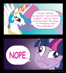 Size: 750x824 | Tagged: safe, artist:hibikiduskstar, princess celestia, twilight sparkle, g4, magic of friendship, meme, nope