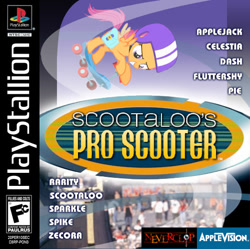 Size: 500x497 | Tagged: safe, artist:paulrus, scootaloo, pegasus, pony, g4, female, filly, foal, grin, helmet, photoshop, playstation, scooter, smiling, smirk, text, tony hawk, tony hawk's pro skater, video game