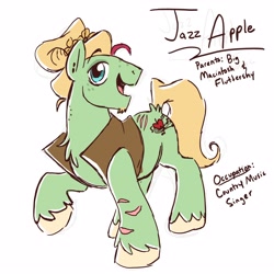 Size: 3300x3300 | Tagged: safe, artist:texacity, oc, oc only, oc:jazz apple, earth pony, pony, bite mark, chest fluff, clothes, facial hair, freckles, goatee, happy, male, name, offspring, open mouth, open smile, parent:big macintosh, parent:fluttershy, parents:fluttermac, raised hoof, scar, simple background, smiling, solo, stallion, text, unshorn fetlocks, vest, white background