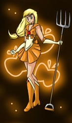 Size: 685x1166 | Tagged: artist needed, source needed, safe, applejack, human, g4, apple, crossover, food, humanized, pitchfork, sailor moon (series), sailor senshi