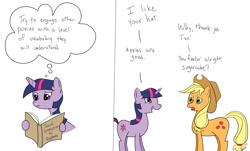 Size: 1700x1024 | Tagged: artist needed, safe, applejack, twilight sparkle, unicorn, g4, book, comic, condescending, egghead, hat, simple background, unicorn twilight, white background