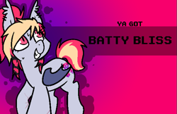 Size: 585x380 | Tagged: safe, artist:b(r)at, oc, oc only, oc:batty bliss, bat pony, pony, female, gradient background, mare, solo, ya got