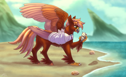 Size: 3280x2003 | Tagged: safe, artist:malinraf1615, oc, oc only, oc:pearl diver, classical hippogriff, hippogriff, bandage, beach, beak, broken bone, broken wing, cast, claws, colored wings, commission, happy, hippogriff oc, hippogriffied, injured, jewelry, male, mount aris, necklace, ocean, seashell, sling, solo, species swap, tail, water, wings