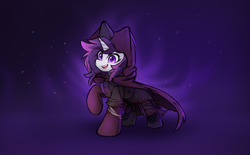 Size: 2900x1800 | Tagged: safe, artist:rejiser, oc, oc only, oc:risti, pony, unicorn, blood, cloak, clothes, dark background, fangs, horn, looking at you, open mouth, raised hoof, simple background, smiling, solo
