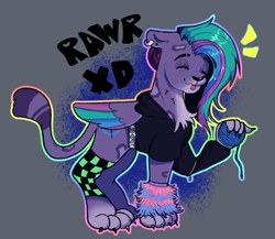 Size: 1282x1114 | Tagged: safe, artist:kreeeeeez, allura, aq bars, big cat, leopard, snow leopard, g5, adorallura, clothes, cute, ear piercing, female, floppy ears, helix piercing, hoodie, leg warmers, piercing, rawr xd, scene, silly, tongue out, winged big cat, yarn, yarn ball