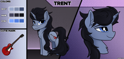 Size: 3563x1700 | Tagged: safe, artist:andaluce, oc, oc:trent, pony, unicorn, bust, chest fluff, ear fluff, horn, male, reference sheet, smiling, solo, stallion