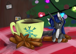 Size: 3508x2480 | Tagged: safe, artist:destiny_manticor, oc, oc only, unicorn, bust, christmas, christmas tree, cinnamon, cup, female, frame, high res, holiday, horn, looking at you, old art, picture frame, portrait, teacup, tree