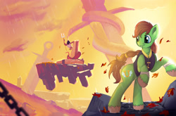 Size: 3955x2609 | Tagged: safe, artist:appleneedle, oc, earth pony, pony, snake, action, bident, braid, cover, dead cells, fantasy, game, leaves, parody, raffle prize