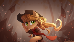 Size: 2800x1600 | Tagged: safe, artist:emeraldgalaxy, applejack, earth pony, pony, g4, abstract background, applejack's hat, bipedal, braid, cheek fluff, clothes, cowboy hat, ear fluff, eye clipping through hair, eyebrows, eyebrows visible through hair, female, freckles, hat, high res, looking at you, mare, open mouth, scarf, shirt, signature, solo, standing, windswept mane