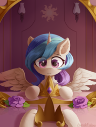 Size: 1900x2500 | Tagged: safe, artist:emeraldgalaxy, princess celestia, alicorn, pony, g4, cheek fluff, chest fluff, chibi, crown, cute, cutelestia, ear fluff, eye clipping through hair, eyebrows, eyebrows visible through hair, female, flower, high res, horn, indoors, jewelry, mare, mirror, pov, reflection, regalia, signature, solo, spread wings, wings, younger