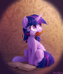 Size: 2400x2800 | Tagged: safe, artist:emeraldgalaxy, twilight sparkle, alicorn, pony, g4, book, chest fluff, cute, ear fluff, eye clipping through hair, eyebrows, eyebrows visible through hair, female, folded wings, high res, horn, leg fluff, looking back, looking up, mare, mouth hold, nom, quill, short mane, shoulder fluff, signature, sitting, smiling, solo, twiabetes, twilight sparkle (alicorn), wings
