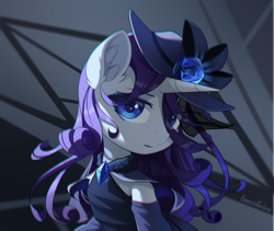 Size: 2100x1775 | Tagged: safe, artist:emeraldgalaxy, rarity, pony, unicorn, g4, beautiful, chromatic aberration, clothes, ear fluff, eye clipping through hair, eyebrows, eyebrows visible through hair, female, hat, horn, looking at you, mare, signature, solo