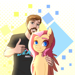 Size: 2048x2048 | Tagged: safe, artist:ritork, fluttershy, human, pegasus, pony, g4, :3, abstract background, beast, duo, eyebrows, female, male, mare, mrbeast