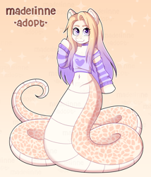 Size: 3248x3802 | Tagged: safe, artist:madelinne, oc, oc:sunnybean, lamia, original species, semi-anthro, adoptable, adoption, belly, belly button, clothes, long hair, looking at you, off shoulder, reference sheet, solo