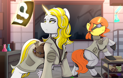 Size: 6950x4380 | Tagged: safe, artist:singovih, oc, oc only, oc:dazling meadows, oc:sandy house, pony, unicorn, fallout equestria, alchemy, closet, clothes, fallout, fallout equestria: parallelism, fanfic art, female, flask, goggles, horn, lab coat, lamp, male, mare, pipbuck, potions, room, science, scientist, scroll, stallion, table, test tube, x-ray