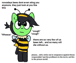Size: 513x427 | Tagged: safe, artist:wanda, oc, oc only, oc:filly anon, earth pony, animal costume, bee costume, clothes, costume, female, filly, foal, ms paint, simple background, solo, text, white background