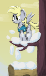 Size: 855x1405 | Tagged: safe, artist:chevaleto, derpibooru exclusive, derpy hooves, pegasus, pony, g4, winter wrap up, cart, female, mare, snow, solo, spread wings, tree, tree branch, wings, winter wrap up vest
