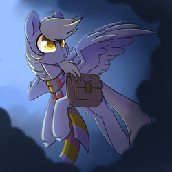 Size: 2048x2048 | Tagged: safe, artist:lazycloud, derpy hooves, pegasus, pony, g4, bag, clothes, cloud, female, flying, high res, mare, open mouth, outdoors, saddle bag, scarf, solo, spread wings, stormcloud, striped scarf, wings