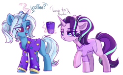 Size: 1696x1037 | Tagged: safe, artist:lazycloud, gameloft, starlight glimmer, trixie, pony, unicorn, g4, my little pony: magic princess, alternate hairstyle, babysitter trixie, clothes, coffee, coffee mug, colored pupils, dialogue, duo, duo female, female, glowing, glowing horn, hoodie, horn, lesbian, levitation, looking at each other, looking at someone, magic, magic aura, mare, mug, open mouth, open smile, pajamas, raised hoof, see-through, ship:startrix, shipping, shirt, simple background, smiling, smiling at each other, telekinesis, white background