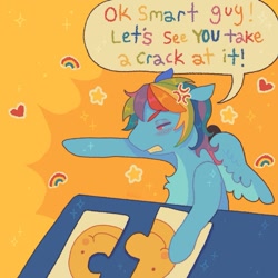 Size: 901x901 | Tagged: safe, artist:ariariari.png, rainbow dash, pegasus, pony, g4, angry, cross-popping veins, dialogue, emanata, epic fail, fail, female, gritted teeth, mare, meme, offscreen character, pointing, puzzle, rainbow dumb, rainbow text, solo, speech bubble, teeth