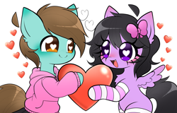 Size: 3193x2048 | Tagged: safe, artist:arwencuack, blushing, clothes, commission, couple, cute, half body, heart, heart eyes, hoodie, looking at each other, looking at someone, love, simple background, socks, striped socks, white background, wingding eyes