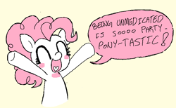 Size: 860x530 | Tagged: safe, artist:fluttershyes, pinkie pie, earth pony, pony, g4, ^^, eyes closed, heart tongue, hooves in air, open mouth, open smile, simple background, smiling, solo, speech bubble, yellow background