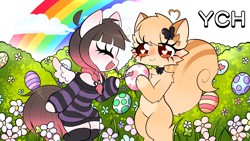 Size: 1920x1080 | Tagged: safe, artist:arwencuack, oc, oc:arwencuack, oc:peanut butter, pegasus, squirrel, anthro, unguligrade anthro, arm hooves, braid, breasts, clothes, commission, cute, duo, easter, easter bunny, egg, furry, holiday, socks, thigh highs, ych example, ych result, your character here, zettai ryouiki