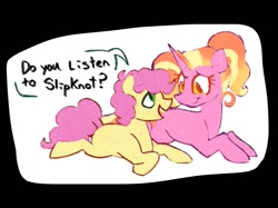 Size: 1337x1001 | Tagged: safe, artist:partyponypower, li'l cheese, luster dawn, earth pony, pony, unicorn, g4, alternate universe, duo, horn, looking at each other, looking at someone, lying down, missing cutie mark, prone, slipknot, sploot